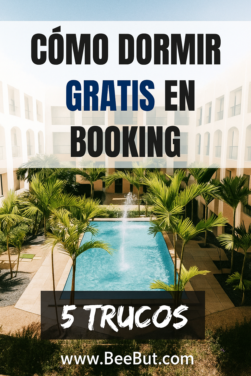 Vista aérea de hotel con piscina y palmeras - consejos para dormir gratis en Booking